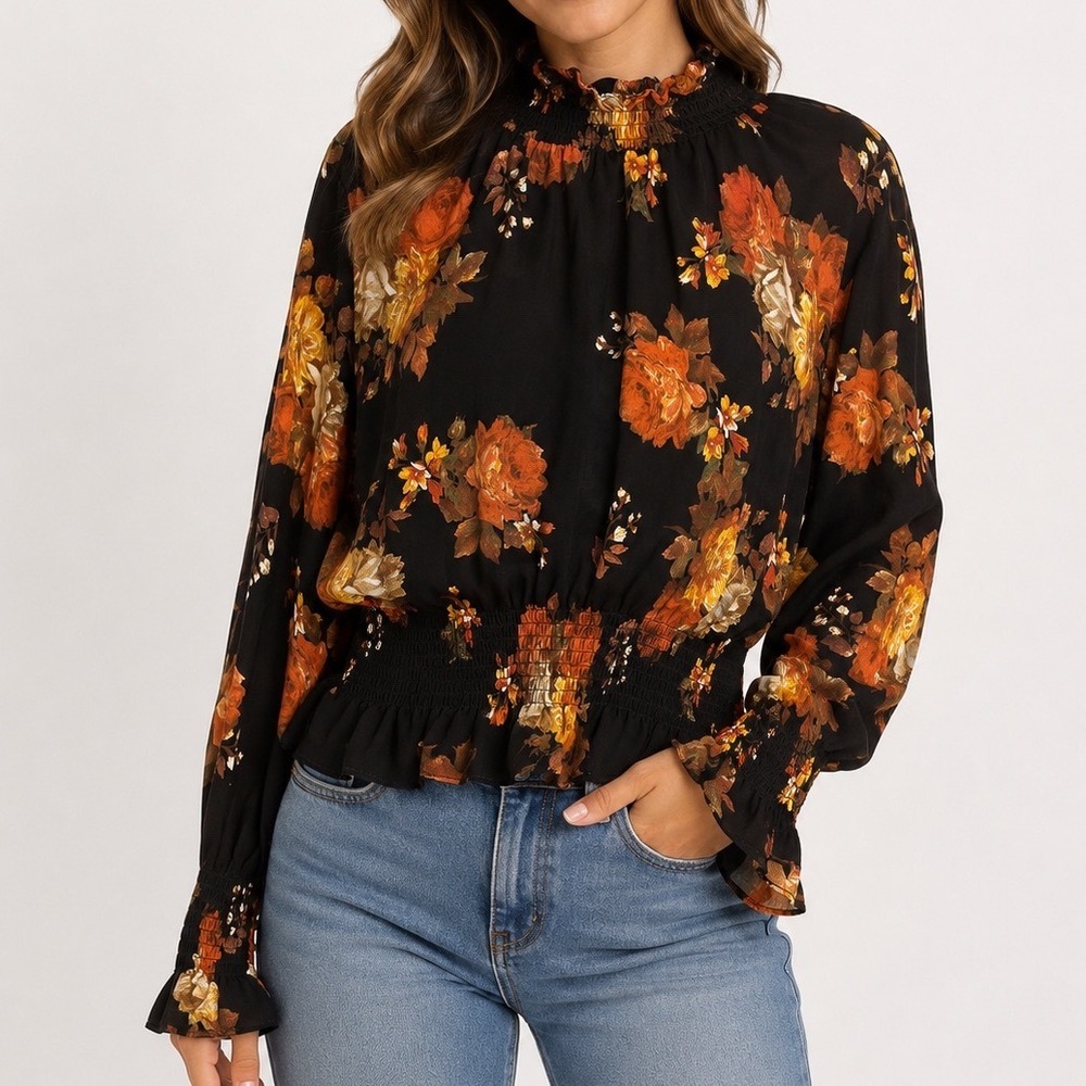 Shinestar Floral Smocked Blouse Womens L Romantic Cottagecore Peplumโ Top
